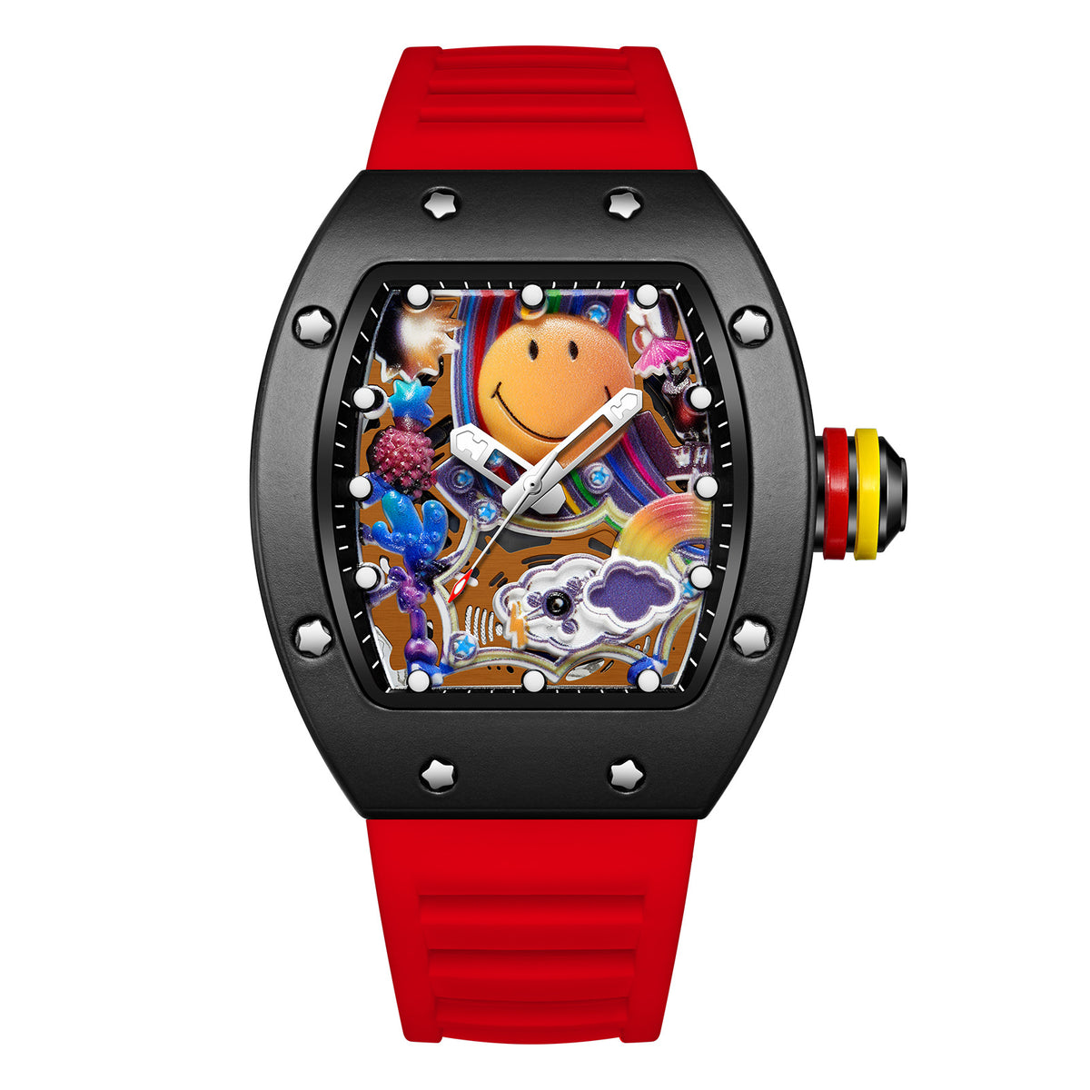 RM‑88 Smiley Men’s Barrel-Shaped Quartz Watch with Smiley Face Dial | Luminous Hollow Fashion Wristwatch