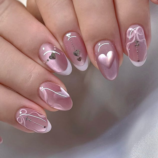 Romantic Elegance Medium Almond Pink Gradient Press-On Nail Set with Glitter Heart Accents