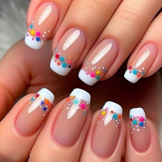 Delightful Celebration Rainbow French Medium Square Press On Nail Set with Colorful Dot Design