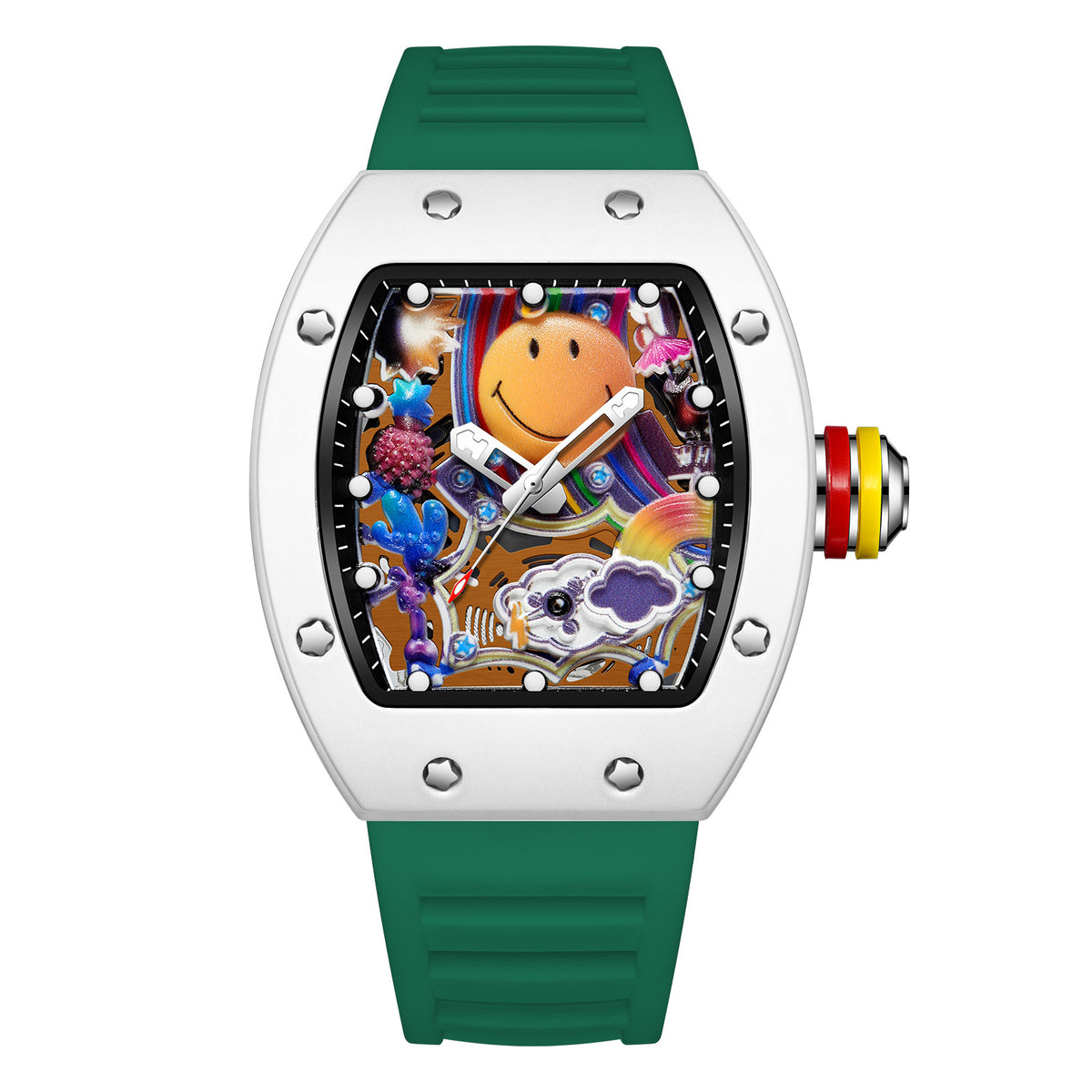 RM‑88 Smiley Men’s Barrel-Shaped Quartz Watch with Smiley Face Dial | Luminous Hollow Fashion Wristwatch