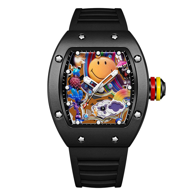 RM‑88 Smiley Men’s Barrel-Shaped Quartz Watch with Smiley Face Dial | Luminous Hollow Fashion Wristwatch