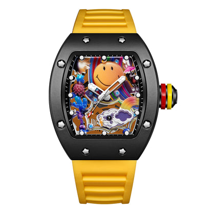 RM‑88 Smiley Men’s Barrel-Shaped Quartz Watch with Smiley Face Dial | Luminous Hollow Fashion Wristwatch
