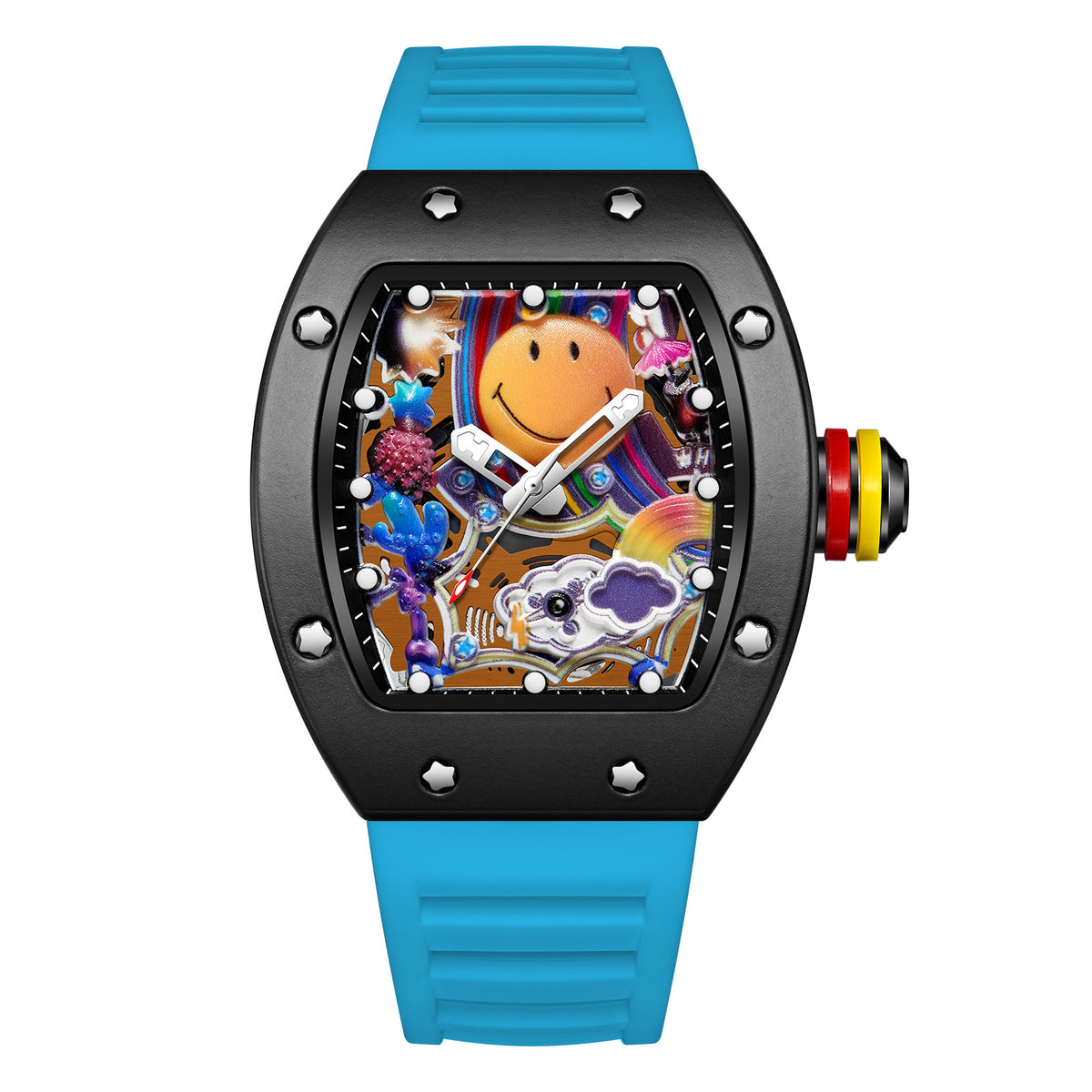 RM‑88 Smiley Men’s Barrel-Shaped Quartz Watch with Smiley Face Dial | Luminous Hollow Fashion Wristwatch