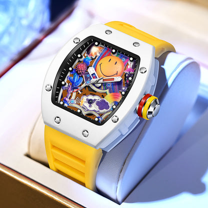RM‑88 Smiley Men’s Barrel-Shaped Quartz Watch with Smiley Face Dial | Luminous Hollow Fashion Wristwatch