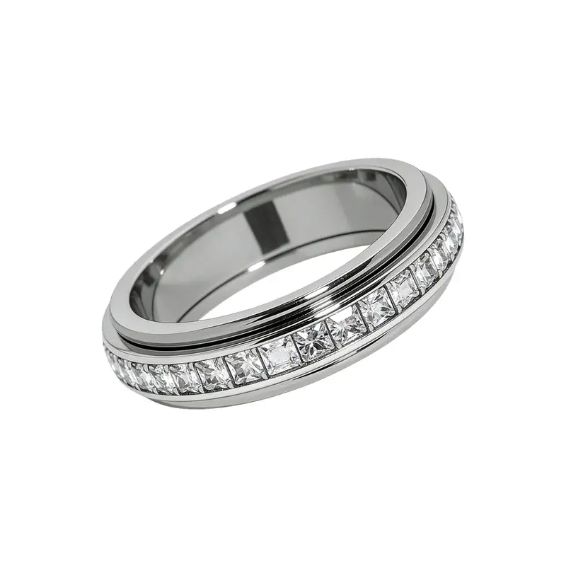 Anxiety Rings for Women and Men Titanium Steel Spinner Fidget Band Rings with Cubic Zirconia for Stress Relief and Wedding Promise Comfort Fit Size 5 to 12