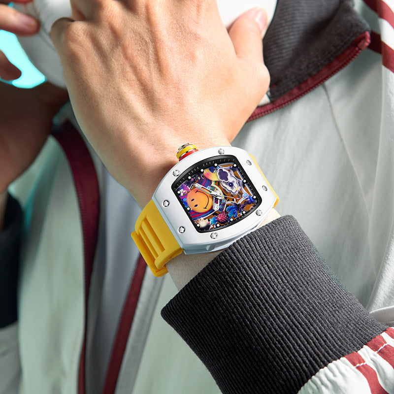 RM‑88 Smiley Men’s Barrel-Shaped Quartz Watch with Smiley Face Dial | Luminous Hollow Fashion Wristwatch