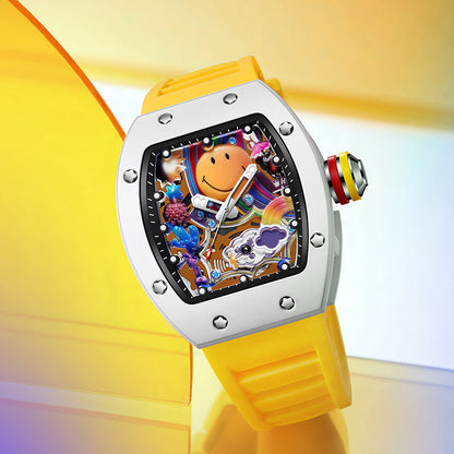 RM‑88 Smiley Men’s Barrel-Shaped Quartz Watch with Smiley Face Dial | Luminous Hollow Fashion Wristwatch
