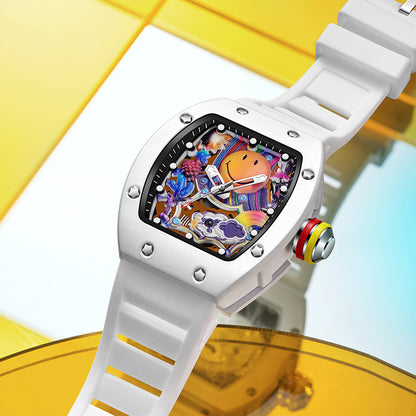 RM‑88 Smiley Men’s Barrel-Shaped Quartz Watch with Smiley Face Dial | Luminous Hollow Fashion Wristwatch