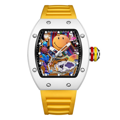 RM‑88 Smiley Men’s Barrel-Shaped Quartz Watch with Smiley Face Dial | Luminous Hollow Fashion Wristwatch