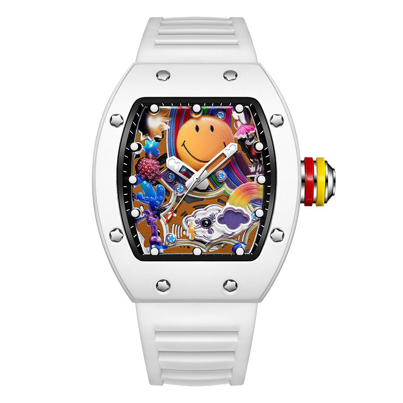 RM‑88 Smiley Men’s Barrel-Shaped Quartz Watch with Smiley Face Dial | Luminous Hollow Fashion Wristwatch