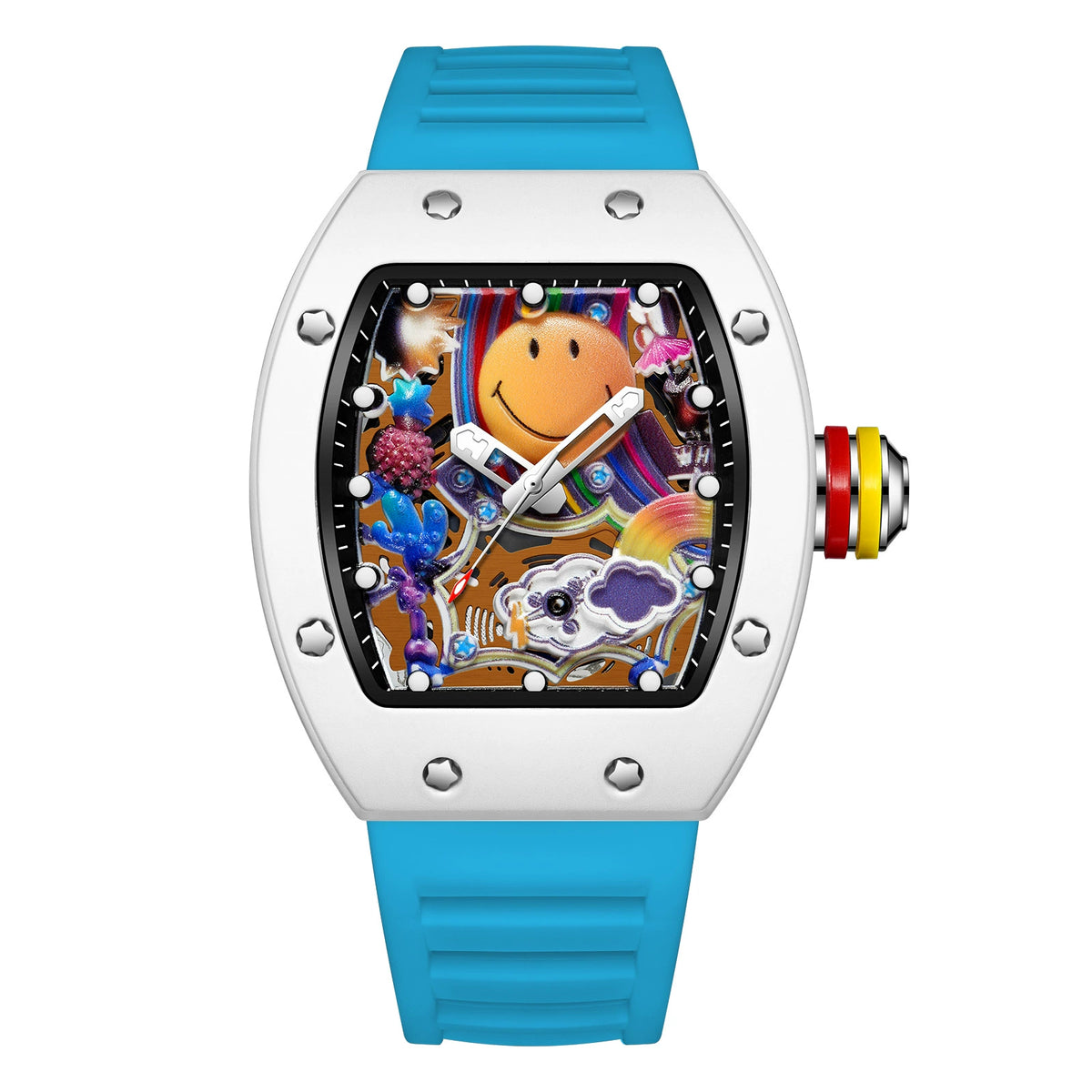 RM‑88 Smiley Men’s Barrel-Shaped Quartz Watch with Smiley Face Dial | Luminous Hollow Fashion Wristwatch