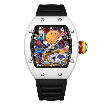 RM‑88 Smiley Men’s Barrel-Shaped Quartz Watch with Smiley Face Dial | Luminous Hollow Fashion Wristwatch