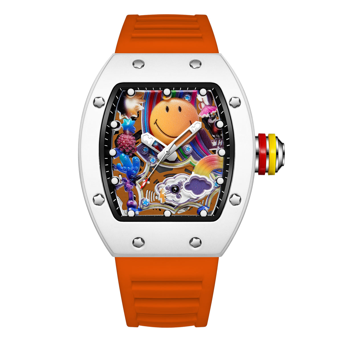 RM‑88 Smiley Men’s Barrel-Shaped Quartz Watch with Smiley Face Dial | Luminous Hollow Fashion Wristwatch