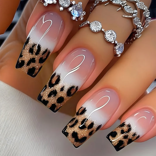 Wild Elegance Medium Square Leopard Print Gradient Press On Nail Set with Glitter Accent