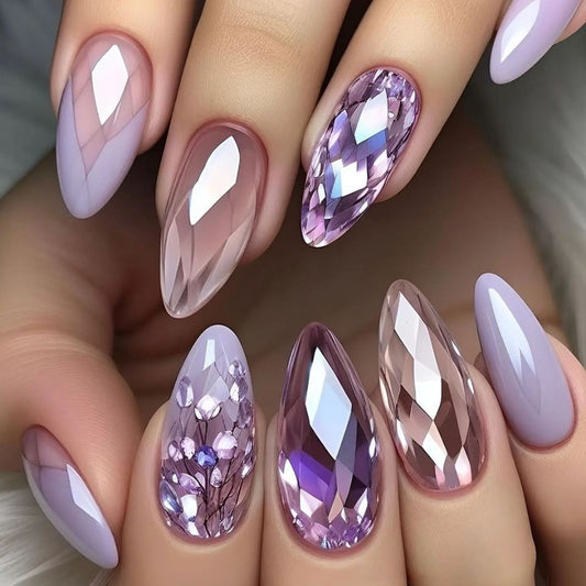 Enchanting Elegance Medium Almond Lavender Press On Nail Set with Gemstone Accents