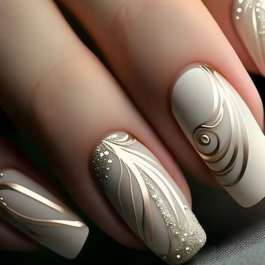 Elegant Ocean Wave Medium Square White with Metallic Swirl Design Press On Nail Set