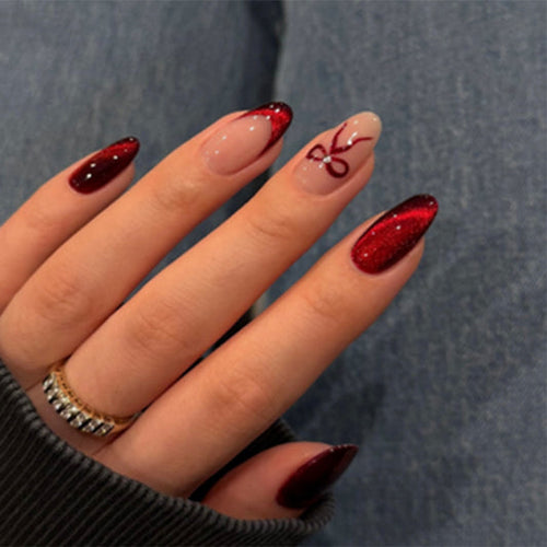 Glamorous Elegance Short Almond Red Glitter Gradient with Artistic Bow Detail Press On Nail Set
